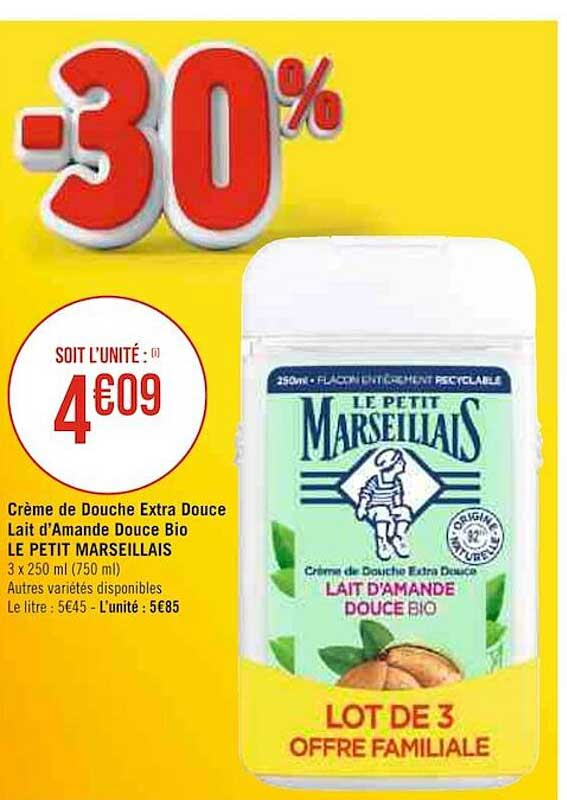 crème de douche extra douce lait d'amande douce bio le petit marseillais