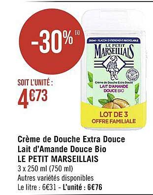 crème de douche extra douce lait d'amande douce bio le petit marseillais
