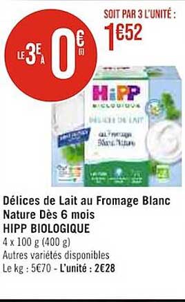 Délices De Lait Au Fromage Blanc Nature Dès 6 Mois Hipp Biologique