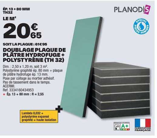 doublage plaque de plâtre hydrofuge + polystyrène (th 32)
