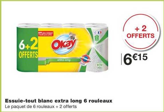 essuie-tout blanc extra long 6 rouleaux
