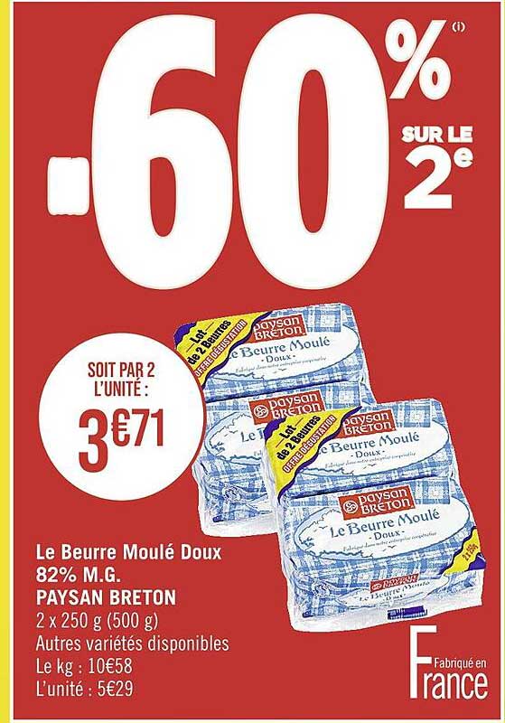 le beurre moulé doux 82% m.g. paysan breton
