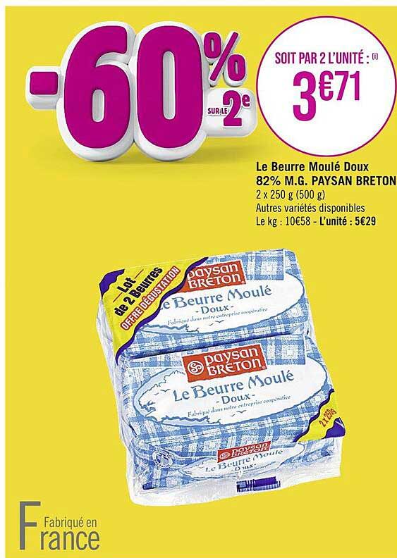 le beurre moulé doux 82% m.g. paysan breton