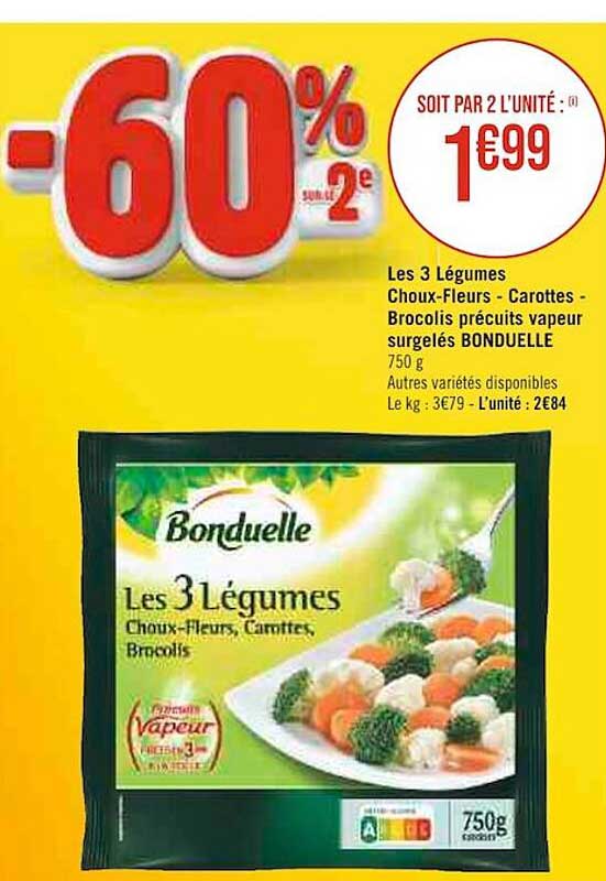 les 3 légumes choux-fleurs - carottes - brocolis précuits vapeur surgelés bonduelle