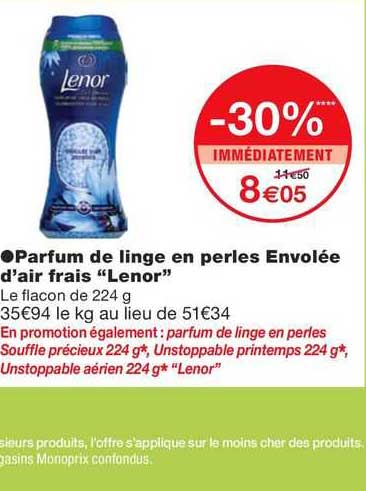 parfum de linge en perles envolée d'air frais "lenor"