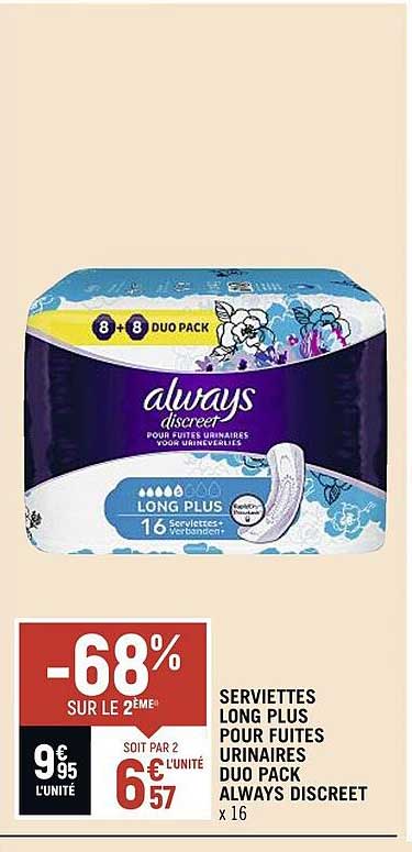 serviettes long plus pour fuites urinaires duo pack always discreet