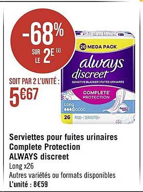 serviettes pour fuites urinaires complete protection always discreet