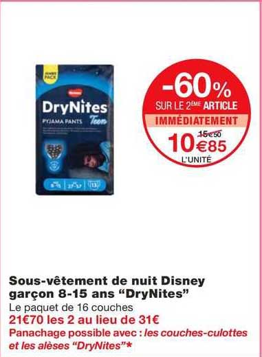 sous-vêtement de nuit disney garçon 8-15 ans "drynites"