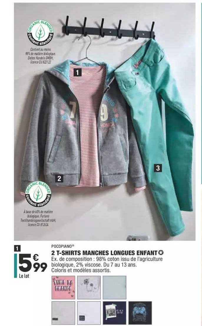 2 t-shirts manches longues enfant pocopiano