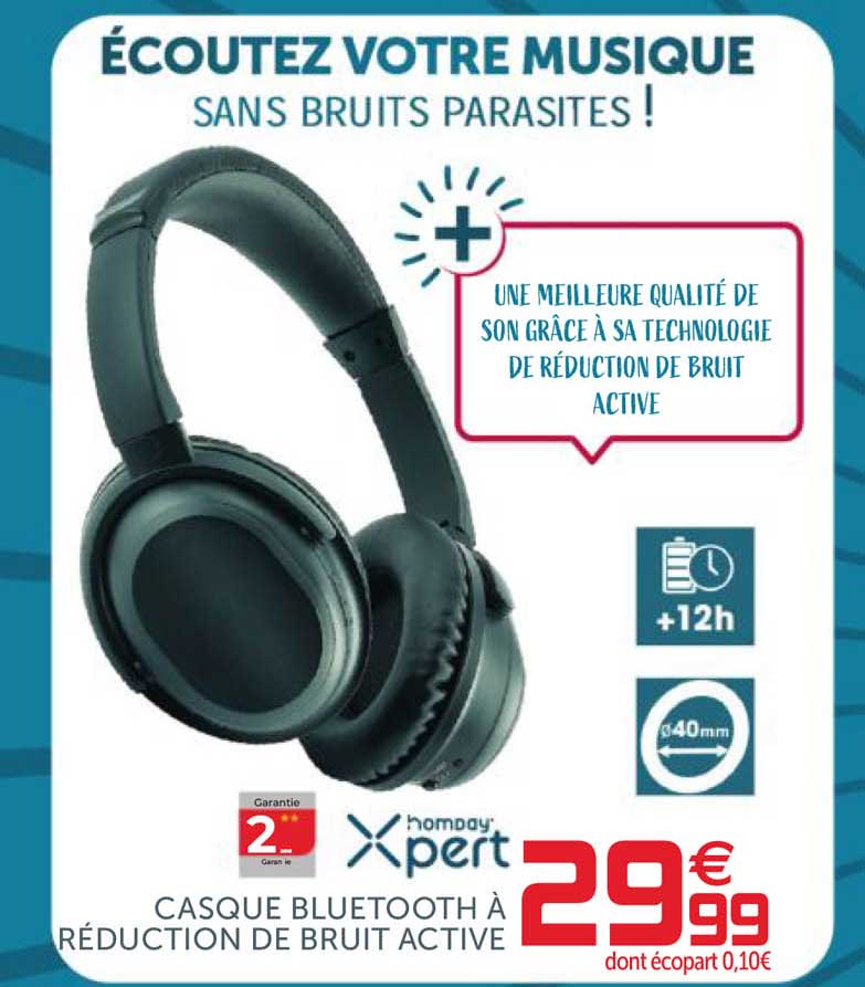 casque bluetooth à réduction de bruit active homday xpert