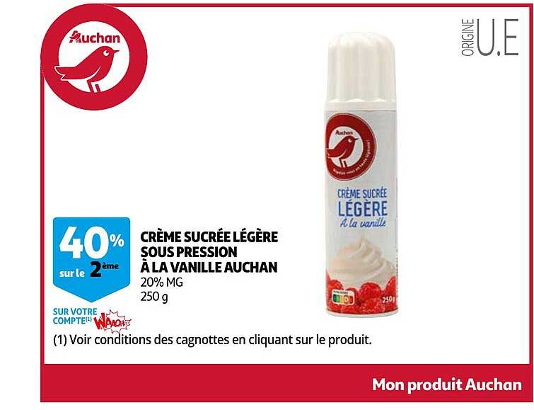 crème sucrée légère sous pression à la vanille auchan