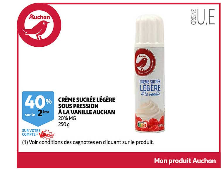 crème sucrée légère sous pression à la vanille auchan