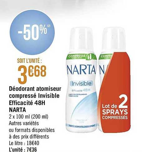déodorant atomiseur compressé invisible efficacité 48h narta