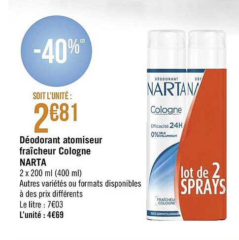 Déodorant Atomiseur Fraîcheur Cologne Narta