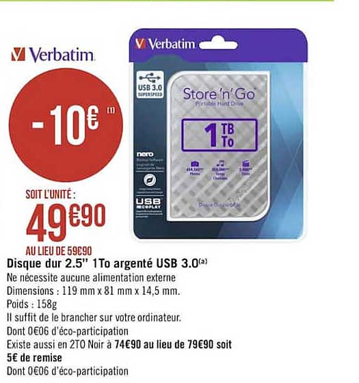disque dur 2.5" 1to argenté usb 3.0 verbatim