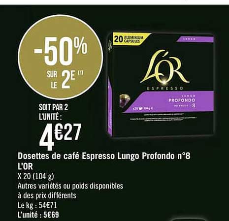 dosettes de café espresso lungo profondo n°8 l'or