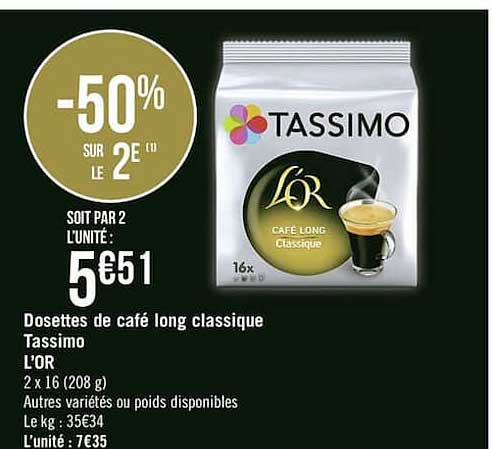 Dosettes De Café Long Classique Tassimo