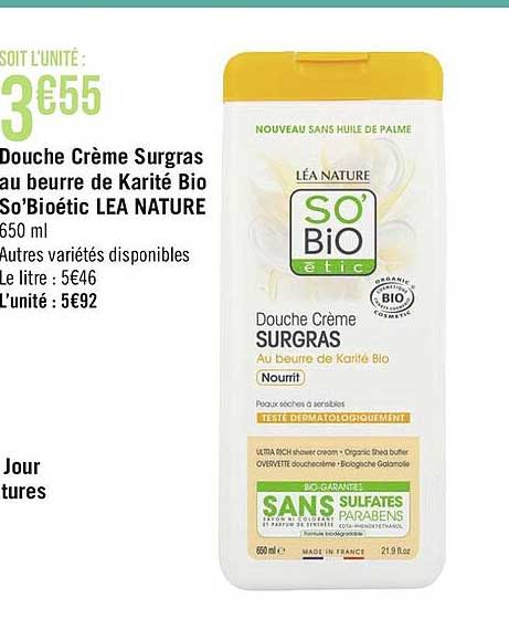 douche crème surgras au beurre de karité bio so'bioétic lea nature