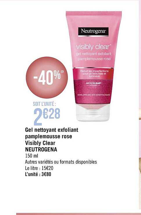 gel nettoyant exfoliant pamplemousse rose visibly clear neutrogena