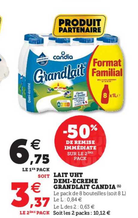 lait uht demi-écrémé grandlait candia