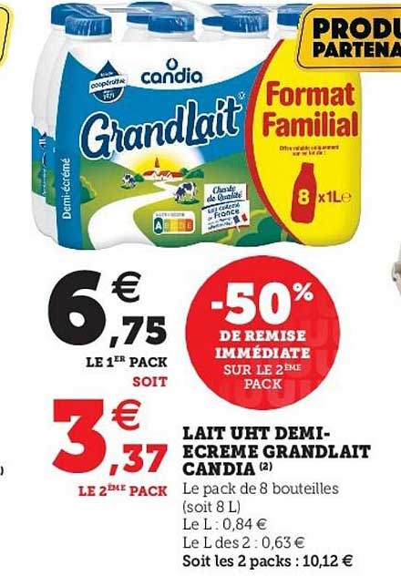 lait uht demi-écrémé grandlait candia