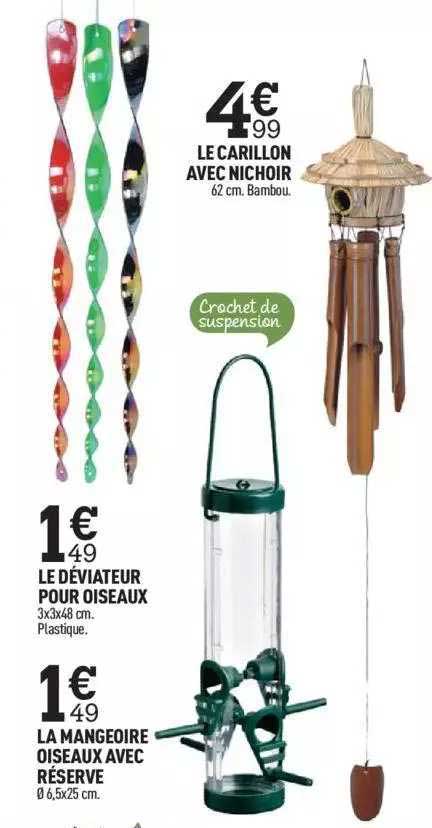 le carillon avec nichoir, le déviateur pour oiseaux, la mangeoire oiseaux avec réserve