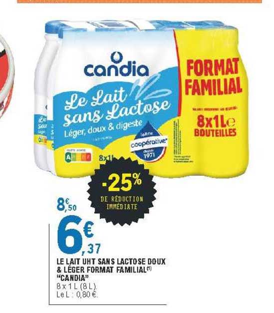 le lait uht sans lactose doux & léger format familial "candia"