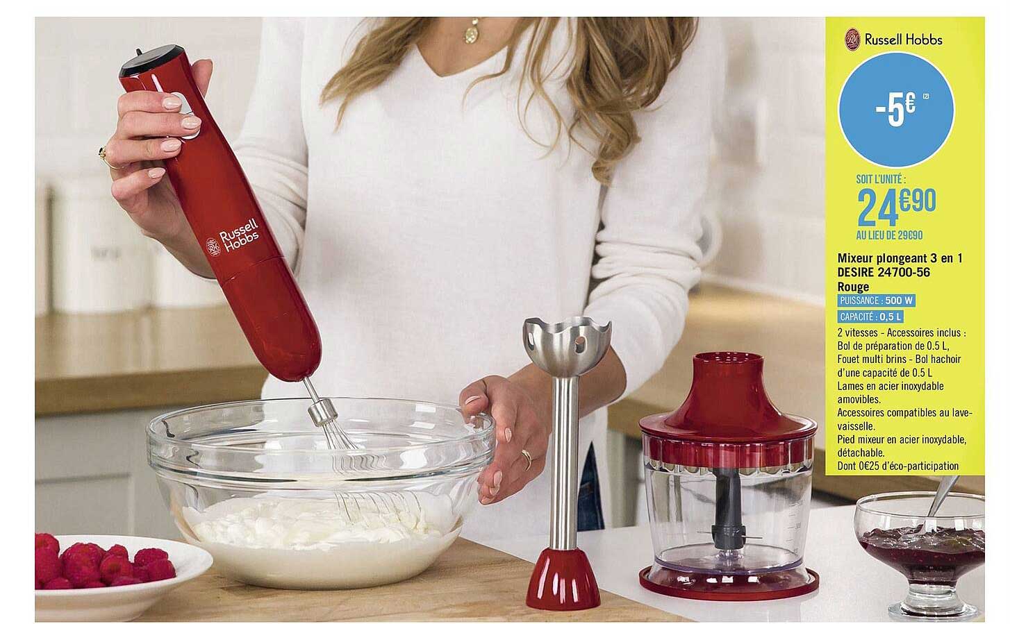 mixeur plongeant 3 en 1 desire 24700-56 rouge russell hobbs