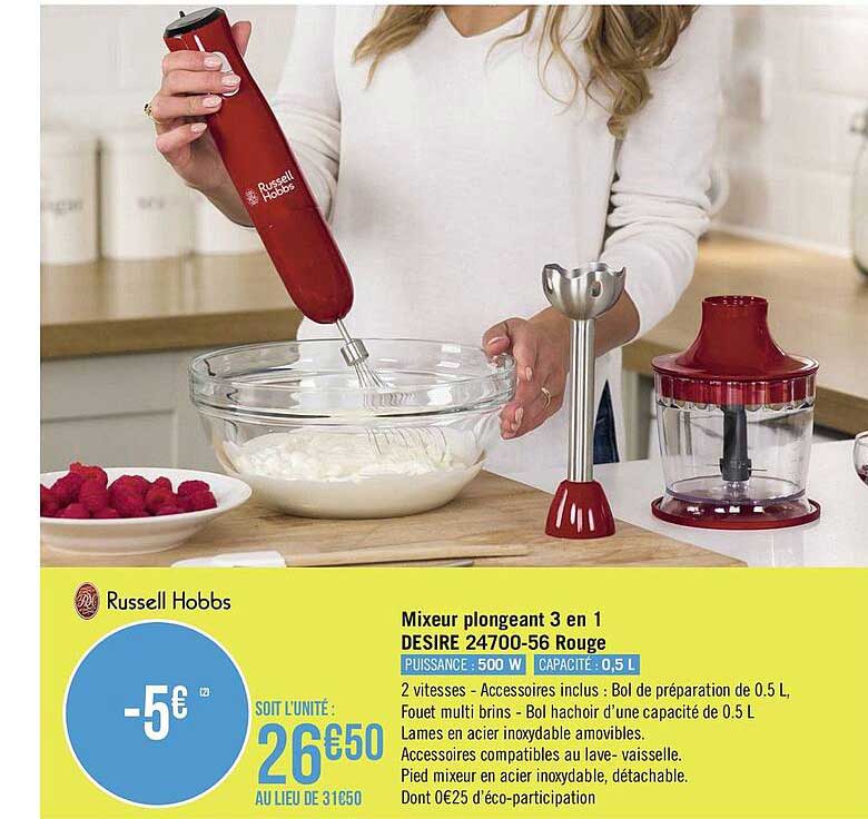 mixeur plongeant 3 en 1 desire rouge russell hobbs