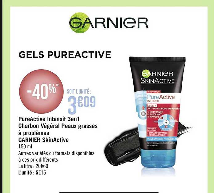pureactive intensif 3 en 1 charbon végétal peaux grasses à problème garnier skinactive