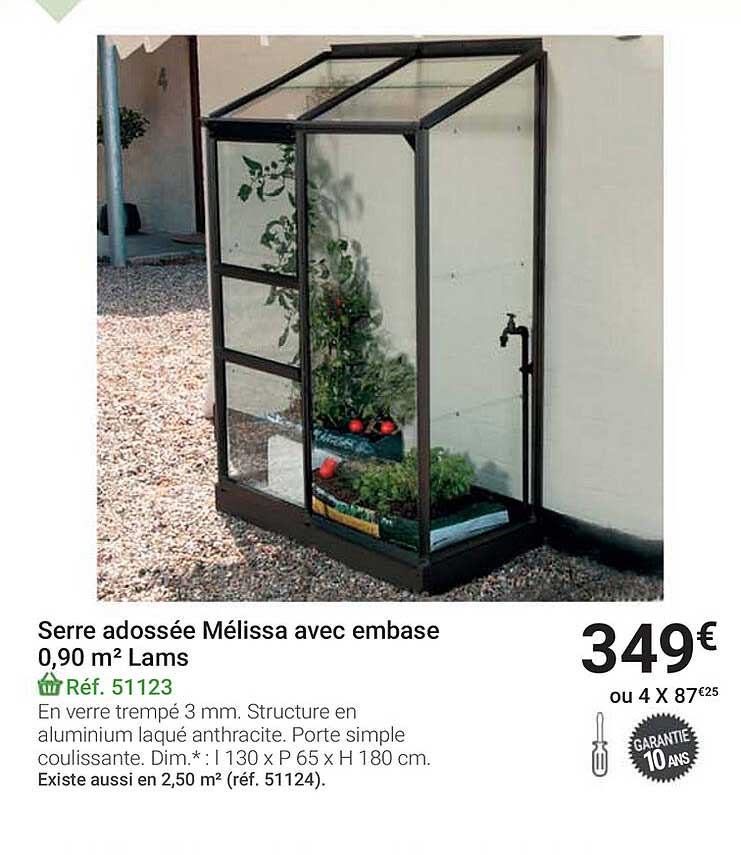 serre adossée mélissa avec embase 0,90 m2 lams