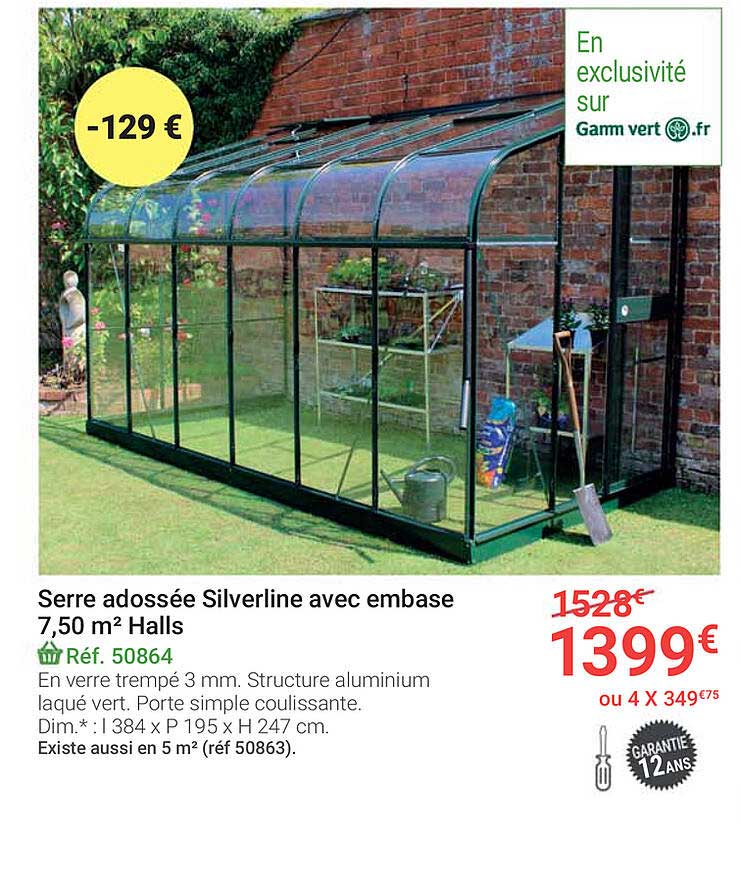 serre adossée silverline avec embase 7,50 m2 halls