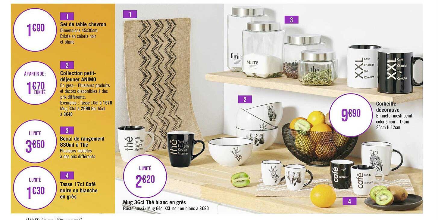set de table chevron, collection petit-déjeuner animo, bocal de rangement 830 ml à thé, tasse 17 cl café noire ou blanche en grès