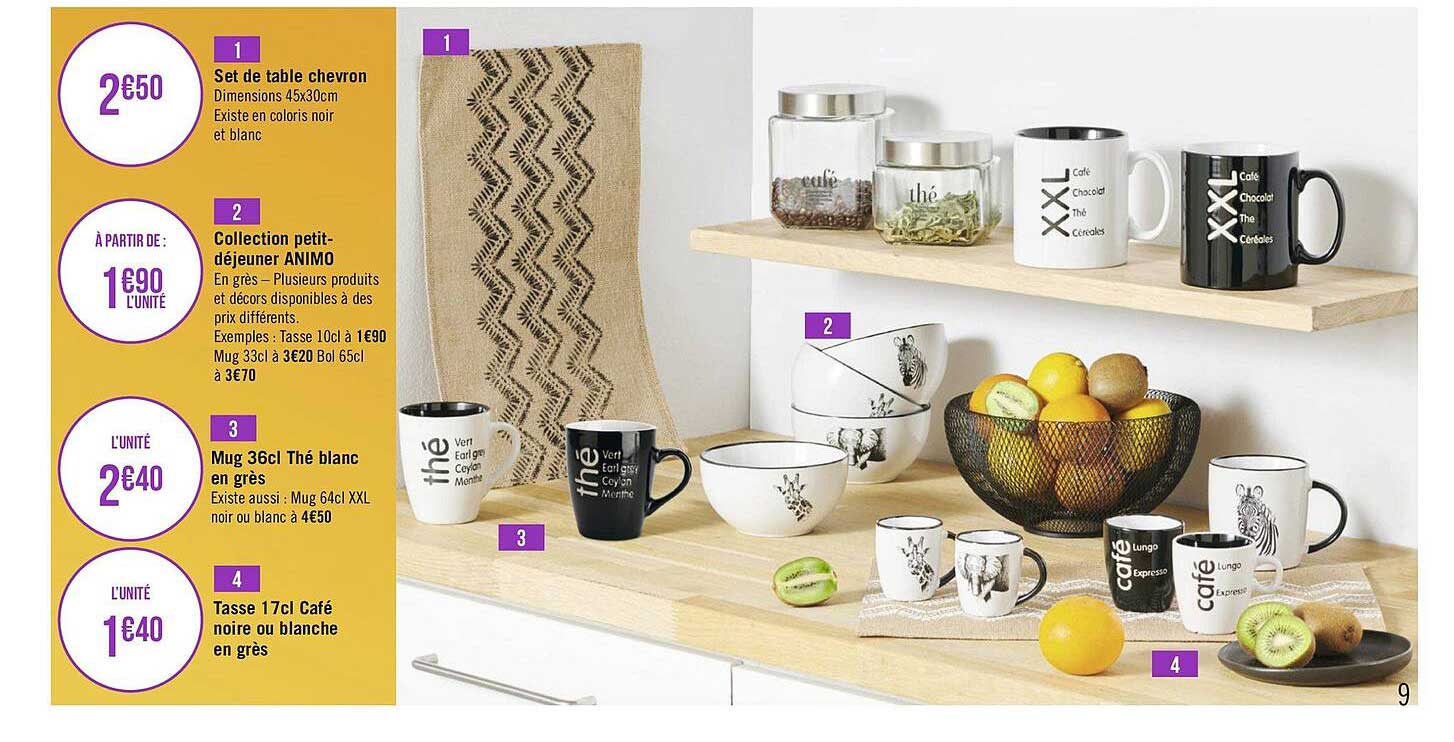 set de table chevron, collection petit-déjeuner animo, mug 36cl thé blanc en grès, tasse 17 cl café noire ou blanche en grès