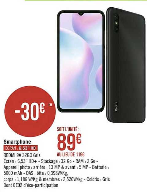 smartphone redmi 9a 32go gris