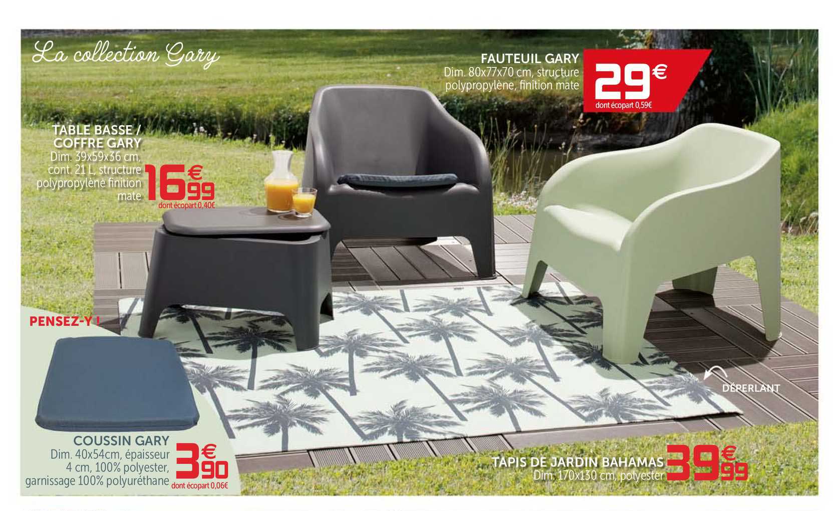 table basse - coffre gary, fauteuil gary, tapis de jardin bahamas