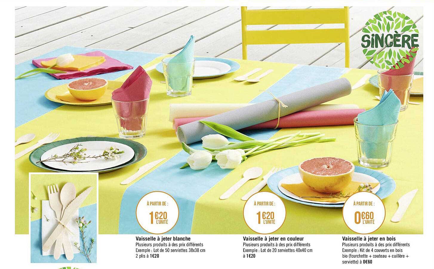 vaisselle à jeter blanche, vaisselle à jeter en couleur, vaisselle à jeter en bois