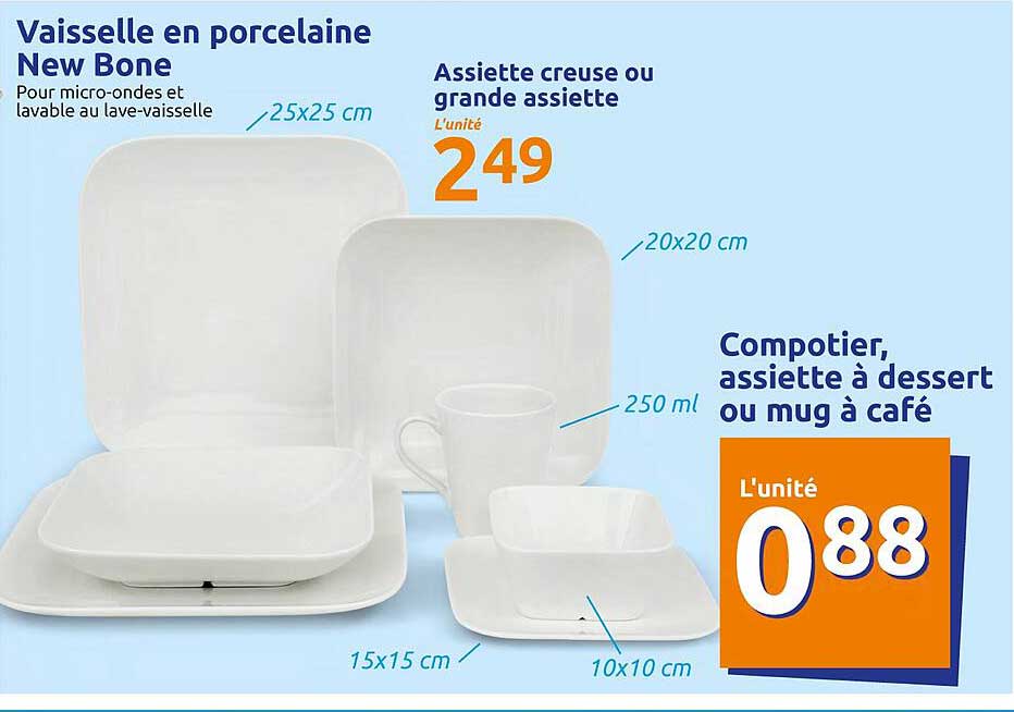 vaisselle en porcelaine new bone, assiette creuse ou grande assiette, compotier, assiette à dessert ou mug à café