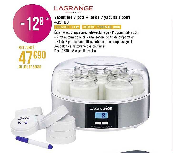 yaourtière 7 pots + lot de 7 yaourts à boire lagrange