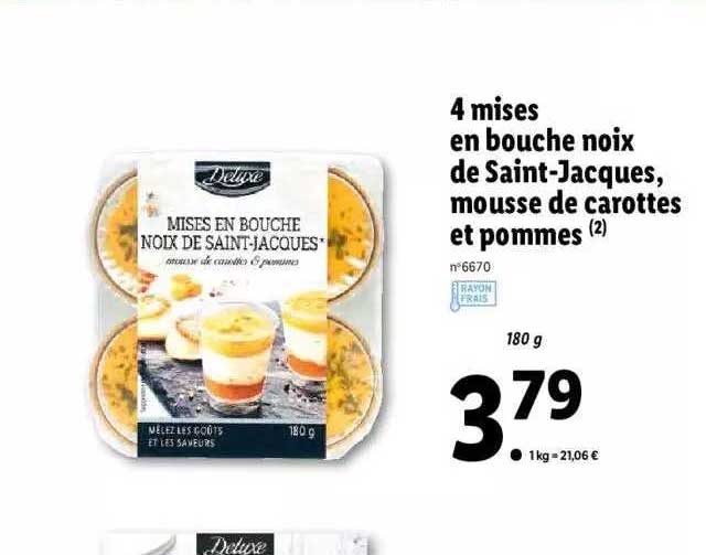 4 mises en bouche noix de saint-jacques, mousse de carottes et pommes deluxe