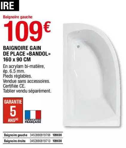 Baignoire Gain De Place «bandol» 160 X 90 Cm