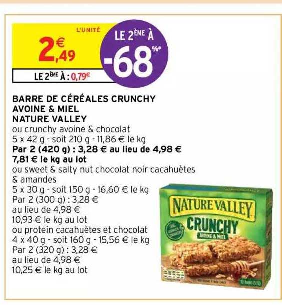 barre de céréales crunchy avoine & miel nature valley