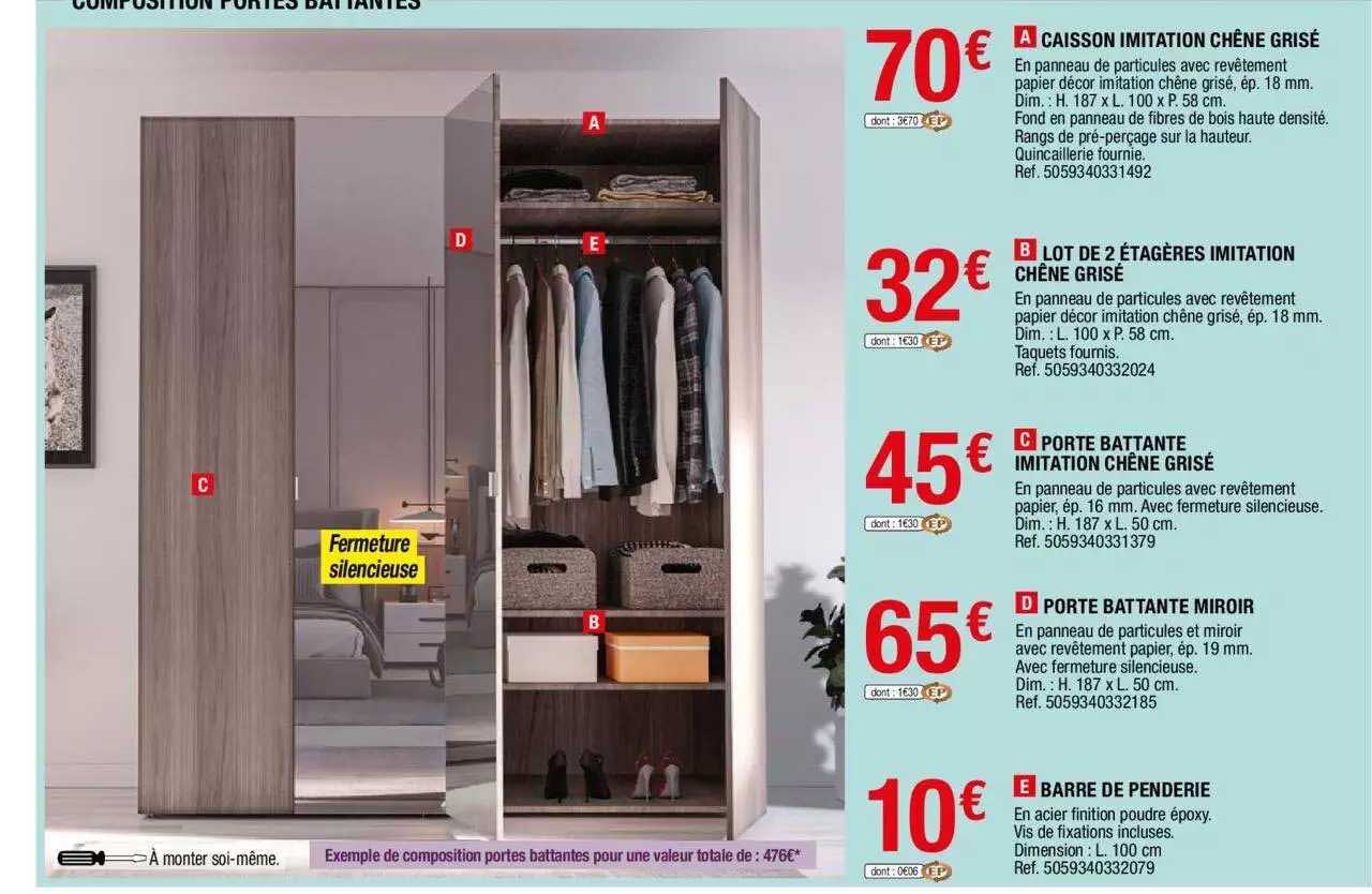 Caisson Imitation Chêne Grisé, Lot De 2 étagères Imitation Chêne Grisé, Porte Battante Imitation Chêne Grisé, Porte Battante Miroir, Barre De Penderie