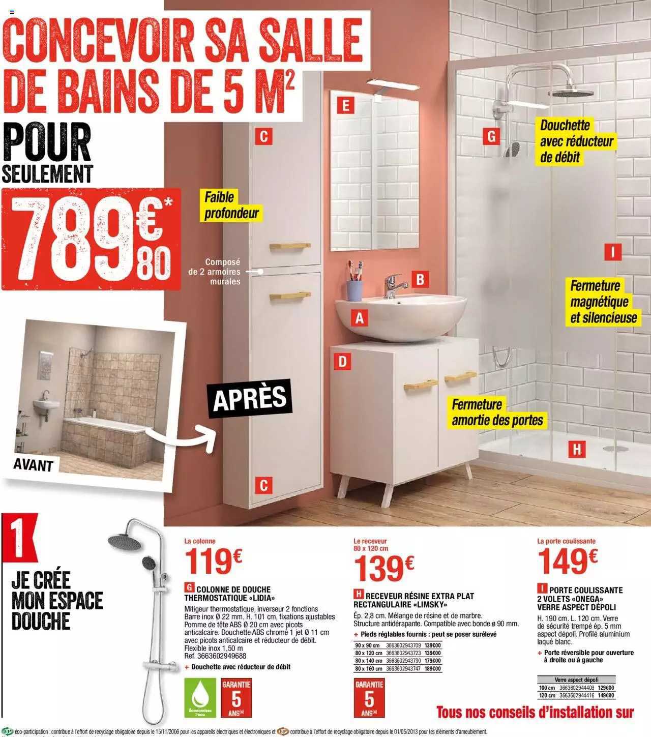 colonne de douche thermostatique "lidia", receveur résine extra plat rectangulaire "limsky", porte coulissante 2 volets "onega" verre aspect dépoli