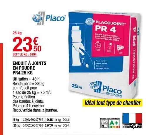 enduit à joints en poudre pr4 25 kg placo