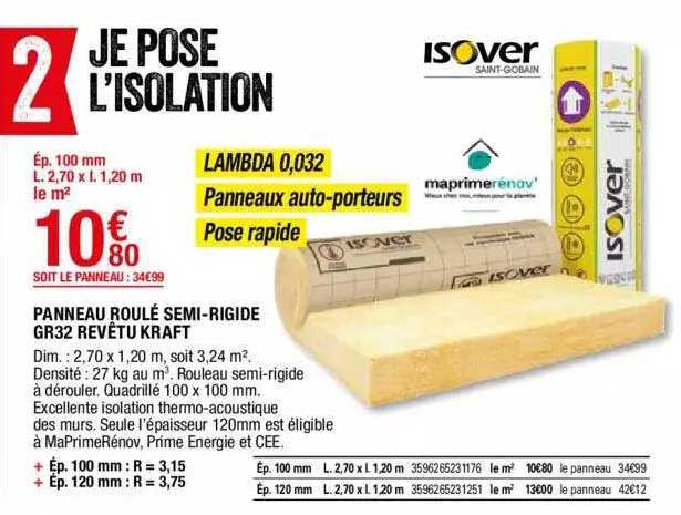 panneau roulé semi-rigide gr32 revêtu kraft isover