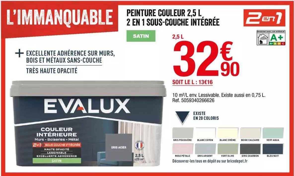peinture couleur 2,5 l 2 en 1 sous-couche intégrée evalux
