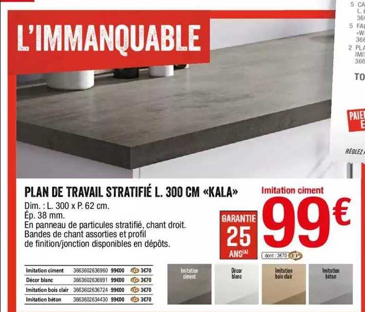 plan de travail stratifié l. 300 cm "kala"