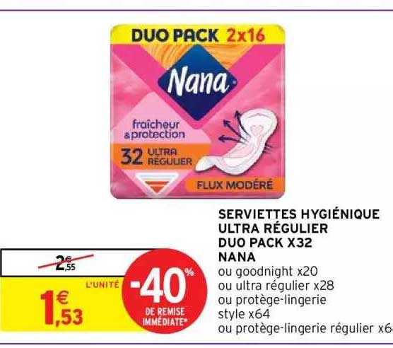 serviettes hygiénique ultra régulier duo pack x32 nana