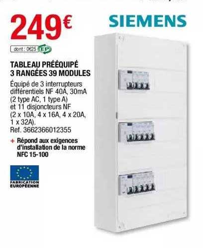 tableau prééquipé 3 rangées 39 modules siemens